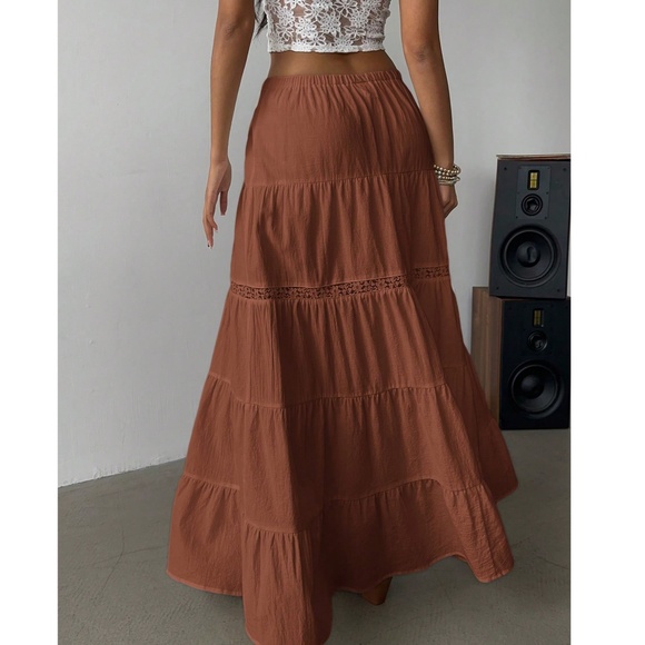 Boho Stretchy Waist lace Insert Split Thigh Maxi Skirt - Picture 8 of 8